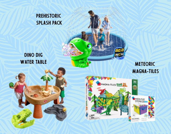 Babies & Toddlers prizes on a blue background, Dino Dig Water Table, Prehistoric Splash Pack, Meteoric Magna-Tiles