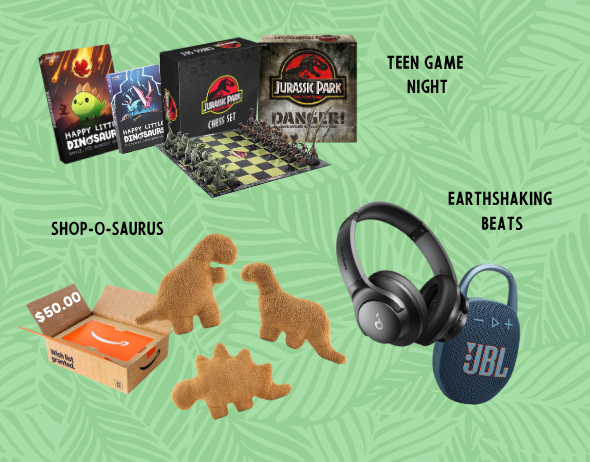 Teen prizes on a green background, Shop-O-Saurus, Teen Game Night, Earthshaking Beats